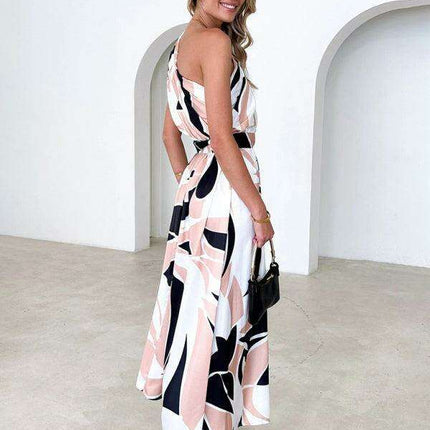 Elegant One-Shoulder Backless Dress with Unique Self-Design and Tailored Fit