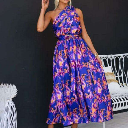 Elegant One-Shoulder Backless Dress with Unique Self-Design and Tailored Fit