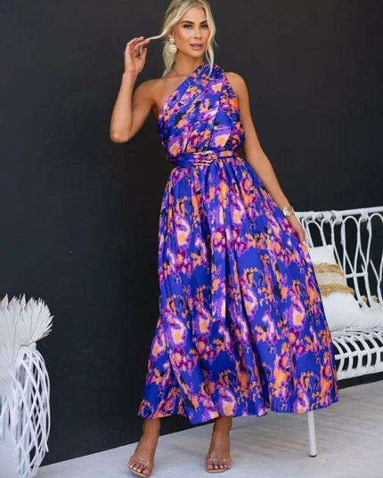 Elegant One-Shoulder Backless Dress with Unique Self-Design and Tailored Fit