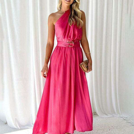 Elegant One-Shoulder Backless Dress with Unique Self-Design and Tailored Fit