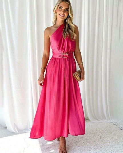 Elegant One-Shoulder Backless Dress with Unique Self-Design and Tailored Fit