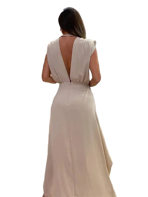 Elegant Charm: Sleeveless Deep V-Neck Dress with Double Layer for Women