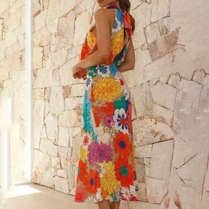 Vibrant Floral Halter Neck Dress - Essential Summer Fashion for Women