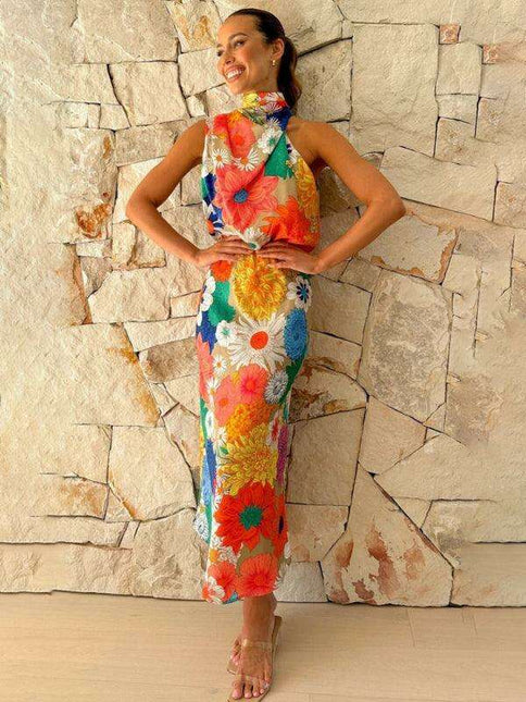 Vibrant Floral Halter Neck Dress - Essential Summer Fashion for Women