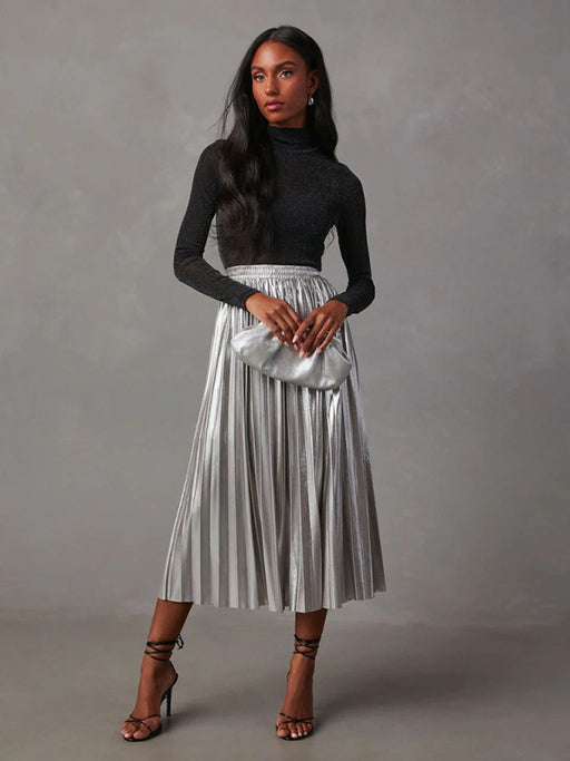 Shiny Elegance: Gleaming High-Waist Pleated Midi Skirt