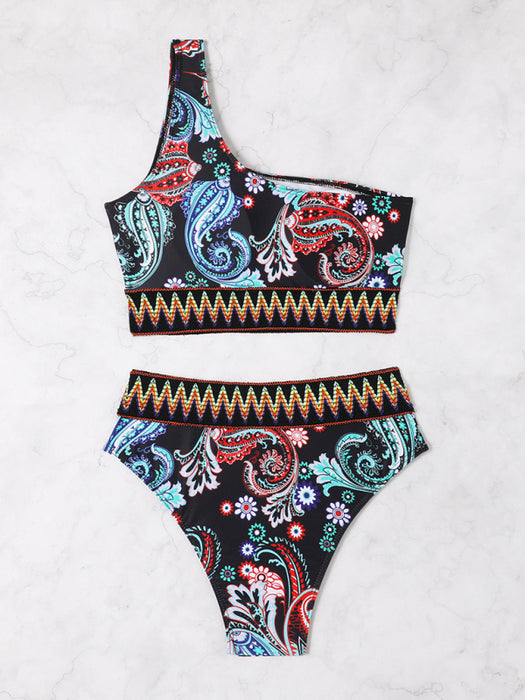 Boho Chic Vibrant One-Shoulder Split Triangle Bikini Set