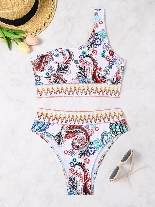 Boho Chic One-Shoulder Split Triangle Bikini Set with Vibrant Print