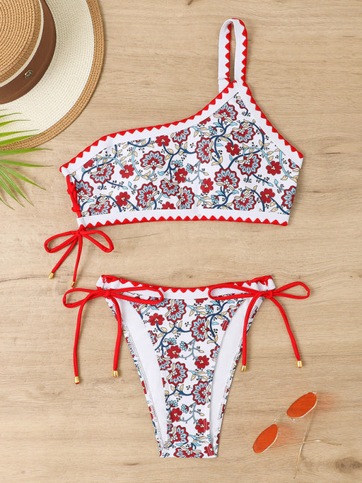 Floral One-Shoulder Bikini Set with Lace-Up Detail and Fresh Accent