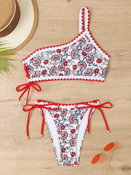 Floral Print One-Shoulder Bikini Set with Lace-Up Detail and Vibrant Touch