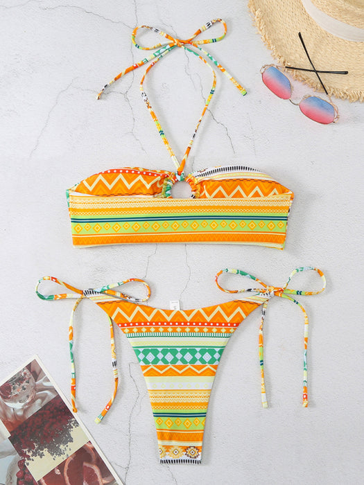Vibrant Geometric Lace-Up Bohemian Bikini Set with Adjustable Bottoms
