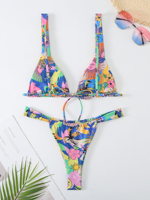 Floral Print Split Backless Bikini Set for Women
