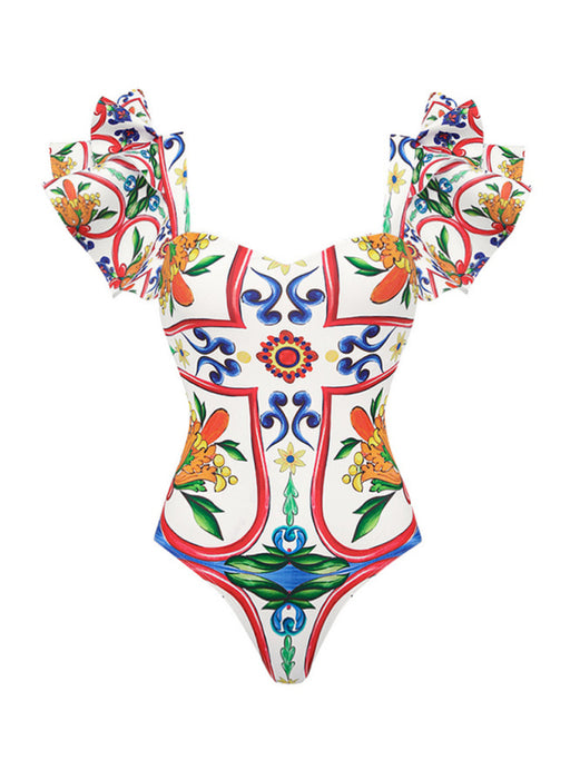 Colorful Ruffle Enamel Print One-Piece Swimsuit - Trendy Swimwear for Summer Escapades