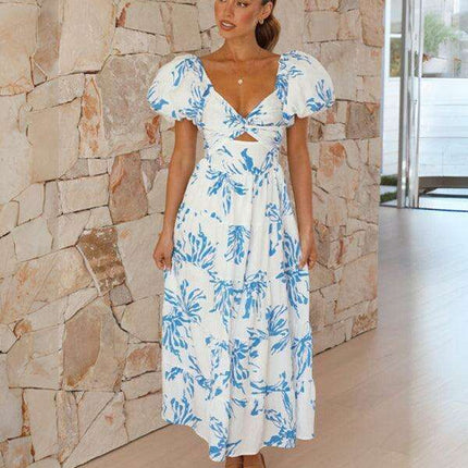 Bohemian Elegance Printed Puff Sleeve A-Line Dress