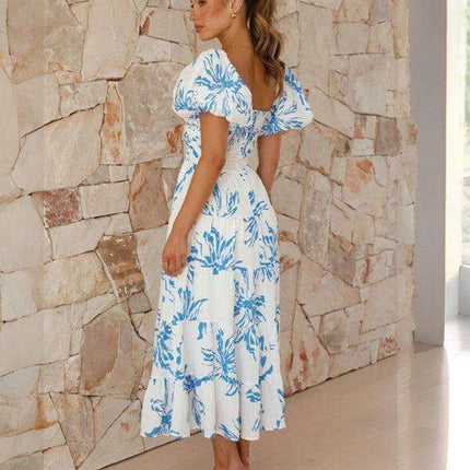 Bohemian Elegance Printed Puff Sleeve A-Line Dress