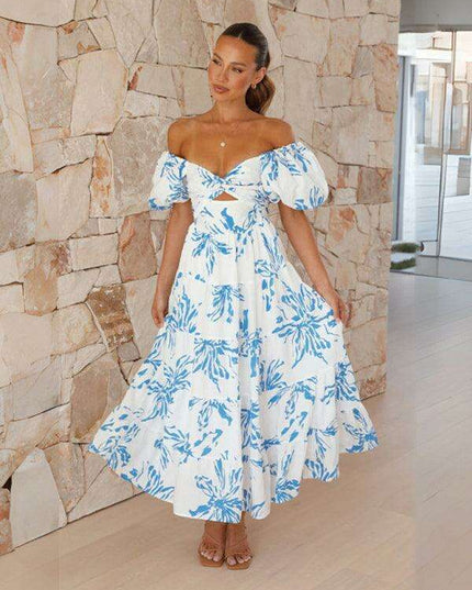 Bohemian Elegance Printed Puff Sleeve A-Line Dress