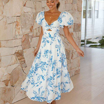 Bohemian Elegance Printed Puff Sleeve A-Line Dress