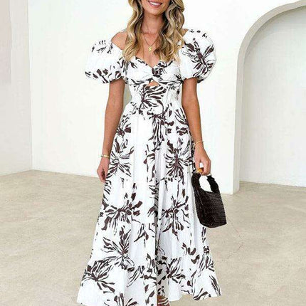 Bohemian Elegance Printed Puff Sleeve A-Line Dress