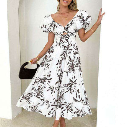 Bohemian Elegance Printed Puff Sleeve A-Line Dress