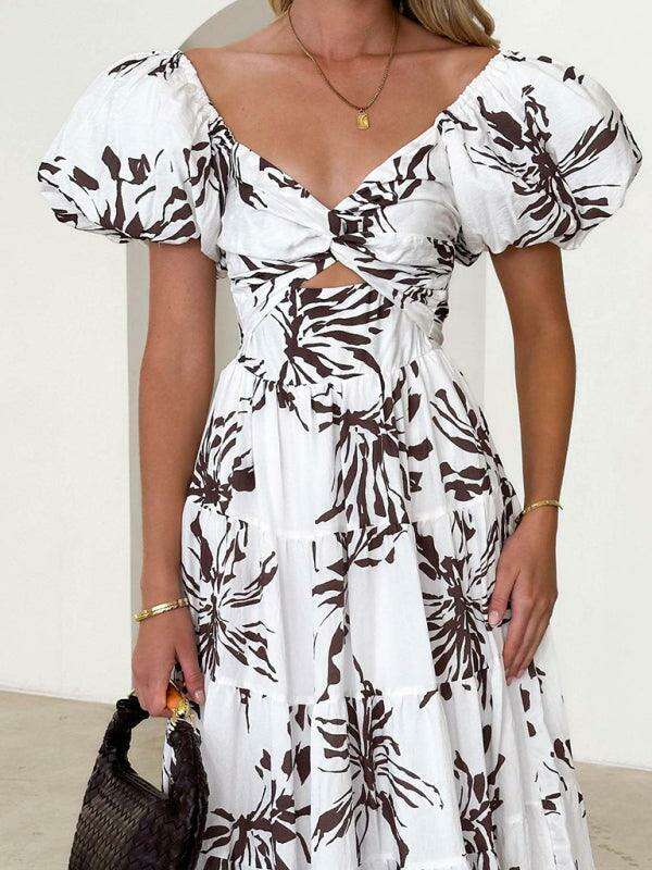 Bohemian Elegance Printed Puff Sleeve A-Line Dress