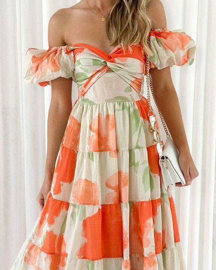 Bohemian Elegance Printed Puff Sleeve A-Line Dress