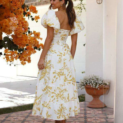 Bohemian Elegance Printed Puff Sleeve A-Line Dress