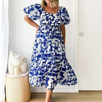 Bohemian Chic One-Shoulder Dress with Trendy Printed Puff Sleeves