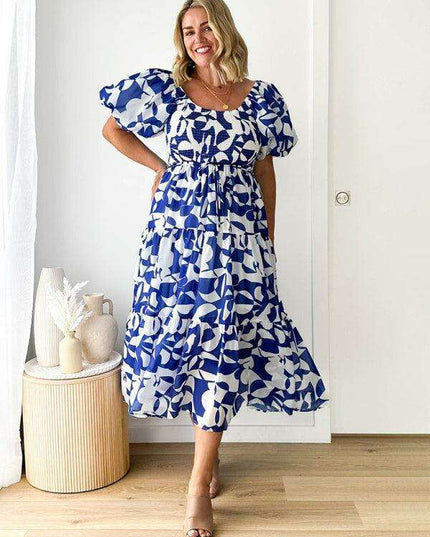 Bohemian Chic One-Shoulder Dress with Trendy Printed Puff Sleeves