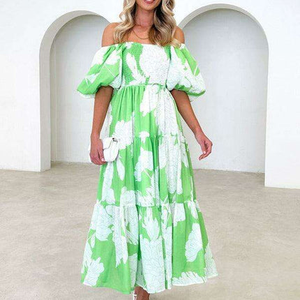 Bohemian Chic One-Shoulder Dress with Trendy Printed Puff Sleeves