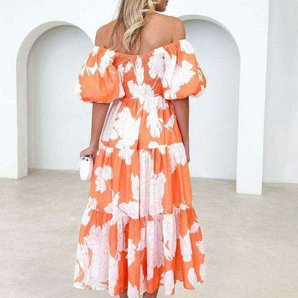 Bohemian Chic One-Shoulder Dress with Trendy Printed Puff Sleeves