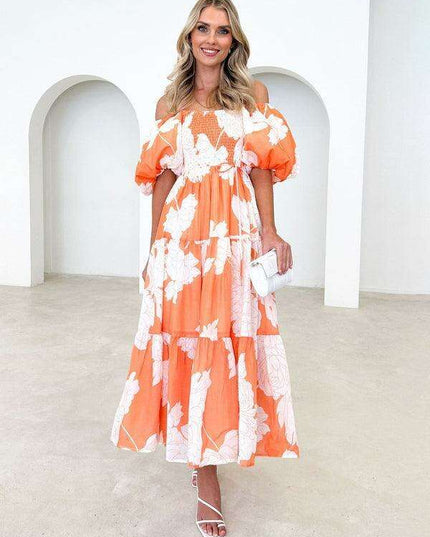 Bohemian Chic One-Shoulder Dress with Trendy Printed Puff Sleeves
