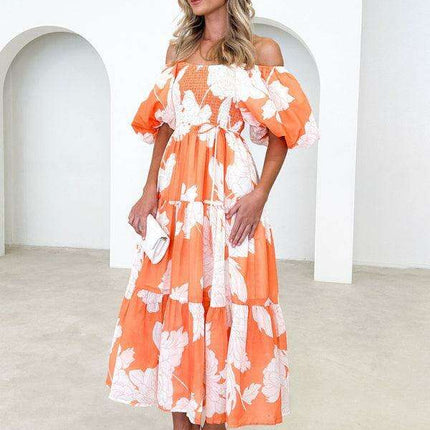 Bohemian Chic One-Shoulder Dress with Trendy Printed Puff Sleeves