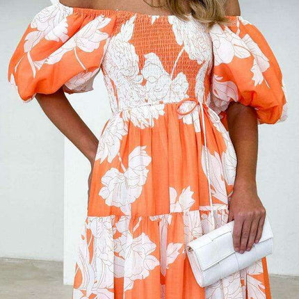 Bohemian Chic One-Shoulder Dress with Trendy Printed Puff Sleeves