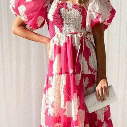 Bohemian Chic One-Shoulder Dress with Trendy Printed Puff Sleeves