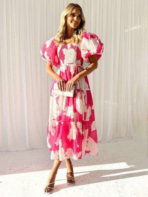 Bohemian Chic One-Shoulder Dress with Trendy Printed Puff Sleeves