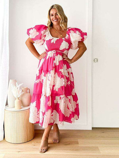 Bohemian Chic One-Shoulder Dress with Trendy Printed Puff Sleeves