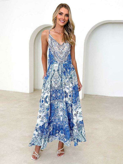 Boho Floral V-neck Maxi Dress with Stylish Suspenders