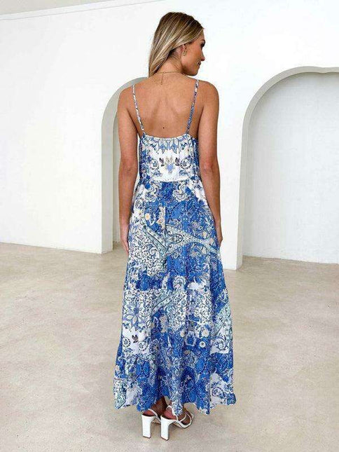 Boho Floral V-neck Maxi Dress with Stylish Suspenders