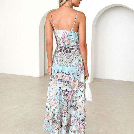 Boho Floral V-neck Maxi Dress with Stylish Suspenders