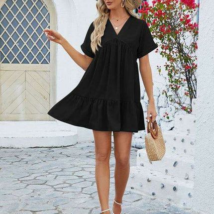 Vibrant V-Neck Pleated Dress for Women with Short Sleeves