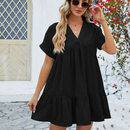 Vibrant V-Neck Pleated Dress for Women with Short Sleeves