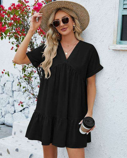 Vibrant V-Neck Pleated Dress for Women with Short Sleeves