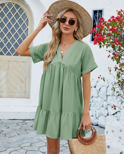 Vibrant V-Neck Pleated Dress for Women with Short Sleeves
