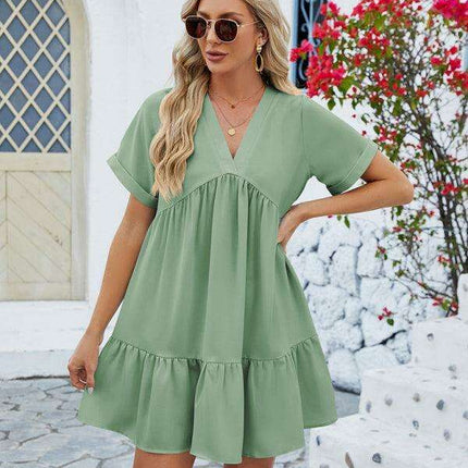 Vibrant V-Neck Pleated Dress for Women with Short Sleeves