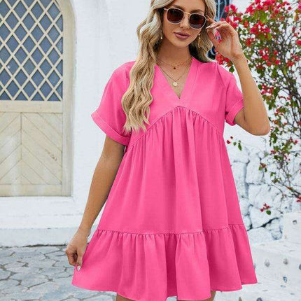 Vibrant V-Neck Pleated Dress for Women with Short Sleeves