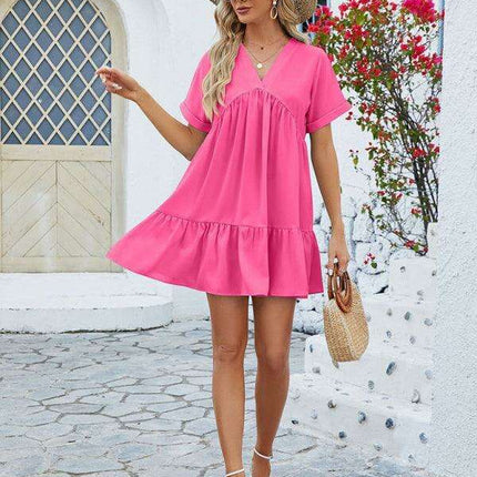 Vibrant V-Neck Pleated Dress for Women with Short Sleeves