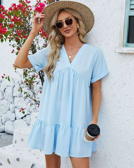 Vibrant V-Neck Pleated Dress for Women with Short Sleeves