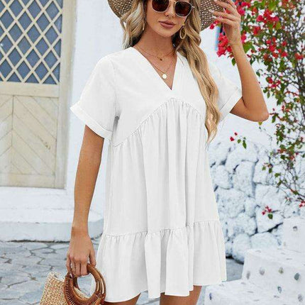 Vibrant V-Neck Pleated Dress for Women with Short Sleeves