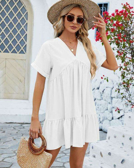 Vibrant V-Neck Pleated Dress for Women with Short Sleeves