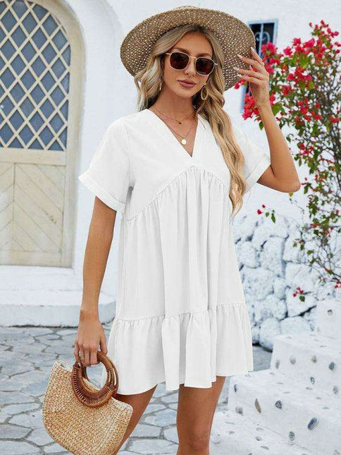 Vibrant V-Neck Pleated Dress for Women with Short Sleeves