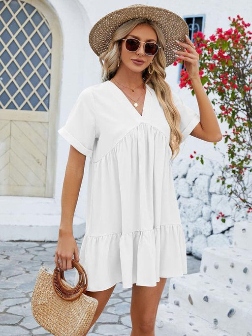 Vibrant V-Neck Pleated Dress for Women with Short Sleeves